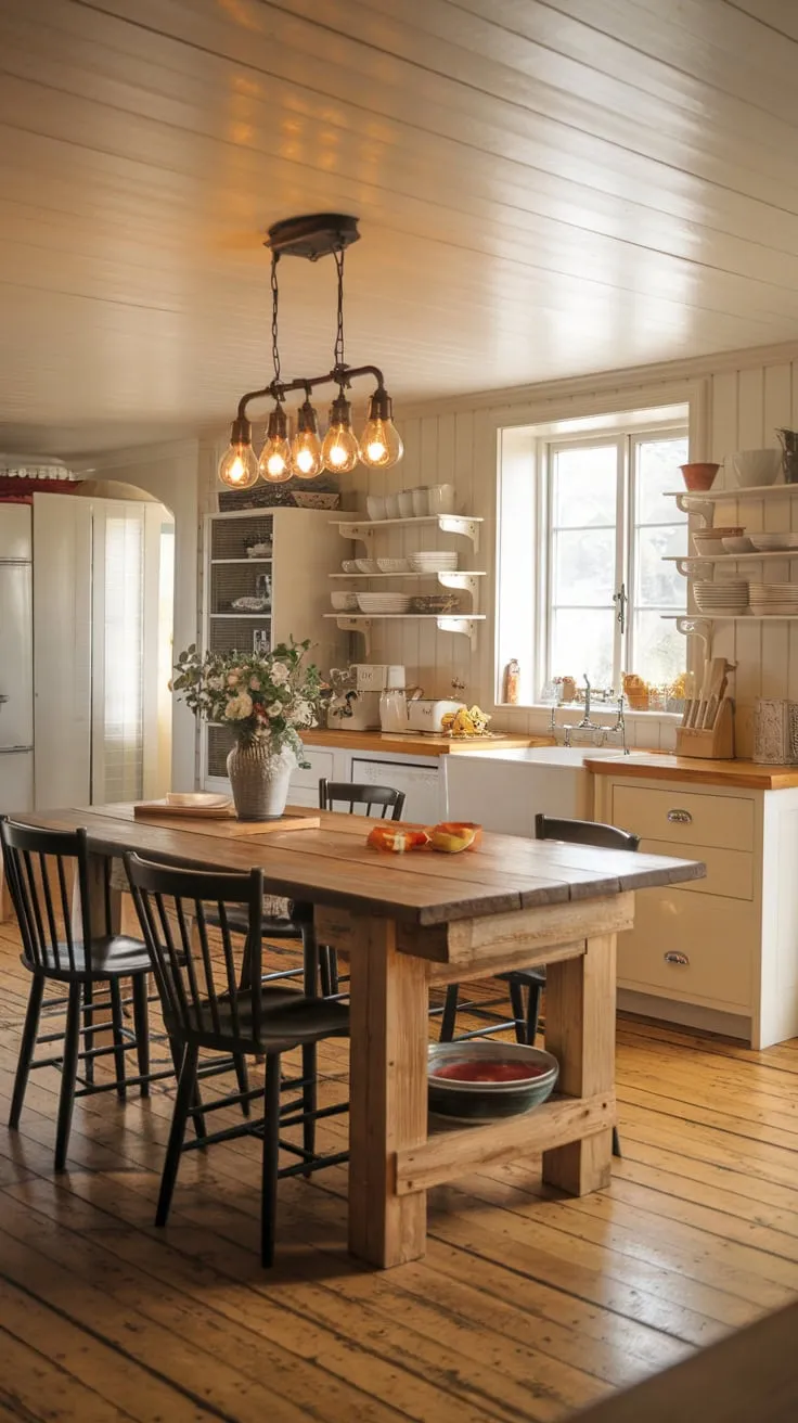Warm light illuminates a farmhouse kitchen's inviting wooden island, complete with sink and surrounding chairs.