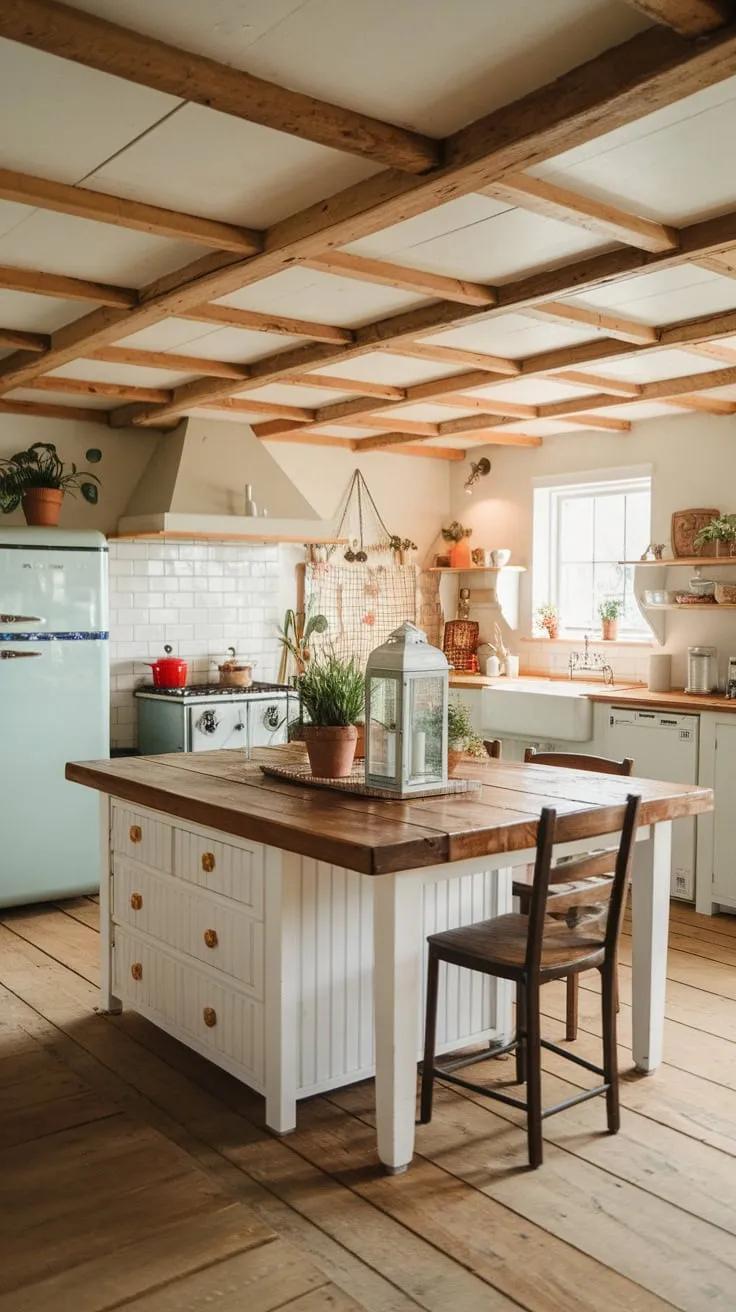 Warm lighting and potted plants accent a farmhouse kitchen's inviting wooden island, complete with seating and a charmingly lived-in feel.