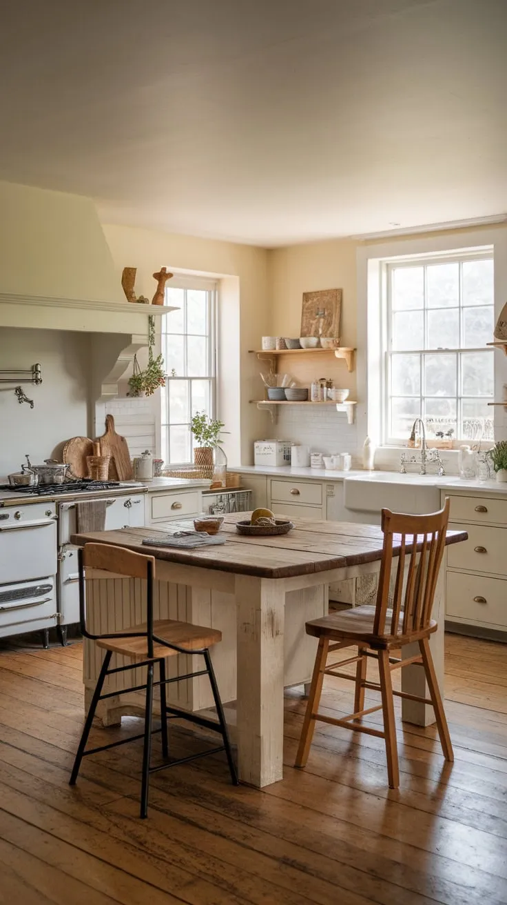 Warm wood and inviting light define this farmhouse kitchen's centerpiece, a wooden island perfect for gathering.