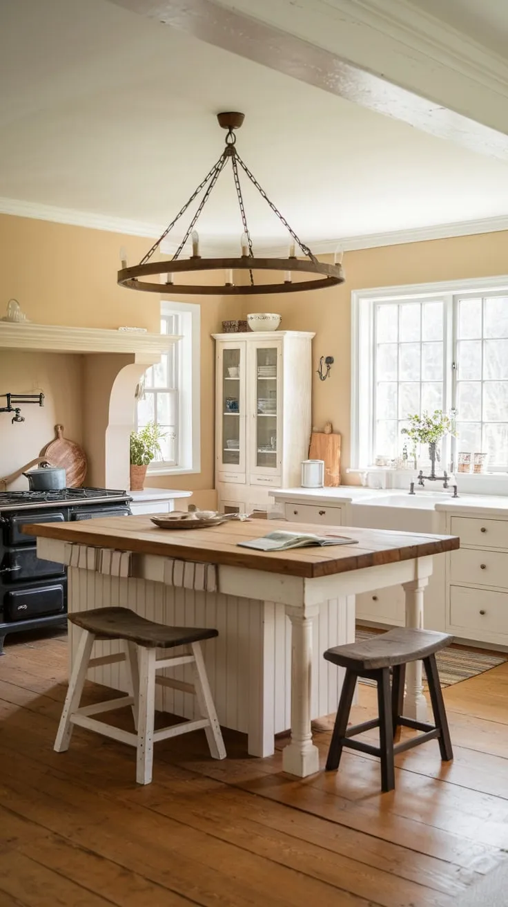 A charming farmhouse kitchen boasts a wooden island topped with a chandelier, inviting stools, and plenty of natural light.