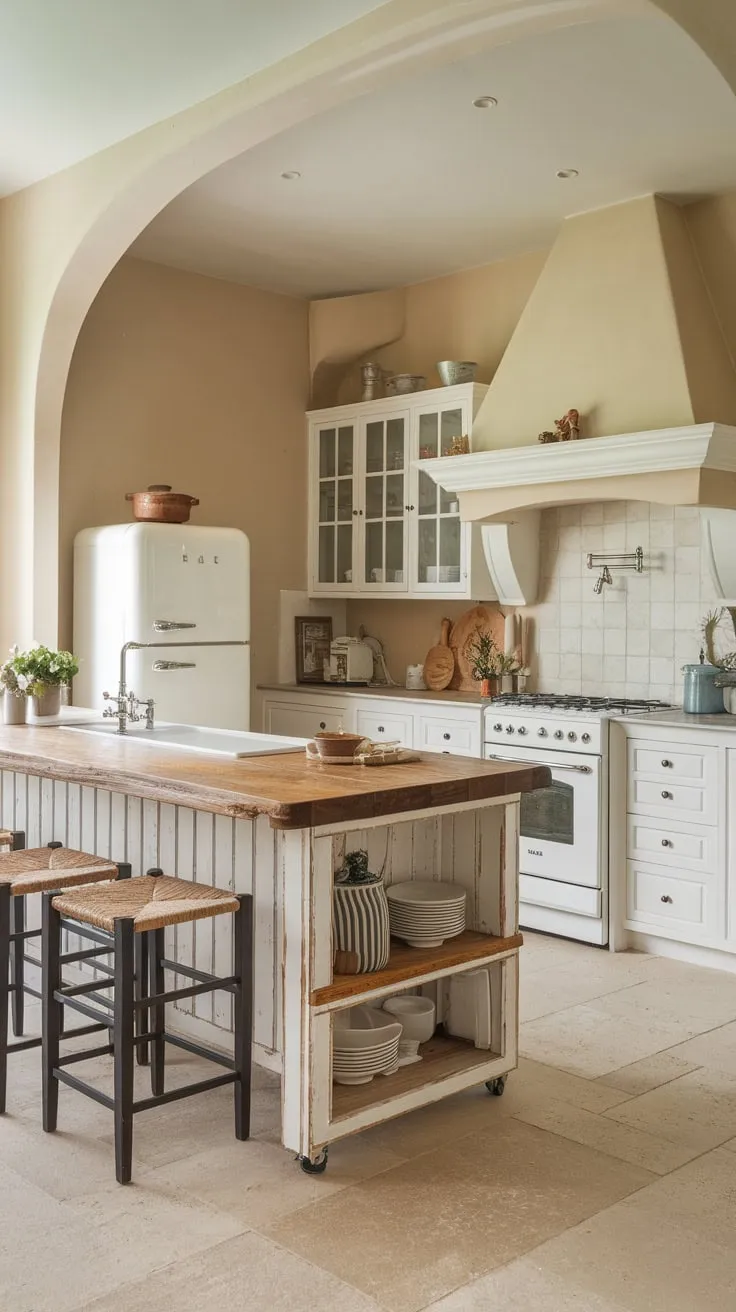 A charming farmhouse kitchen features a wooden island with a sink and barstools, complemented by beige walls, white cabinetry, and beige tile flooring.