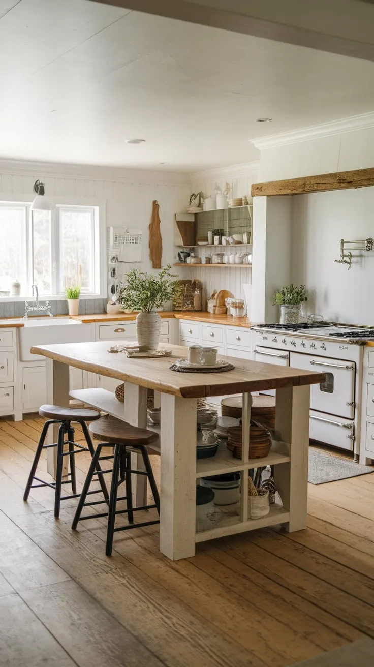 A cozy farmhouse kitchen features a wooden island with stools, a white sink, and a stove, creating a welcoming heart of the home.