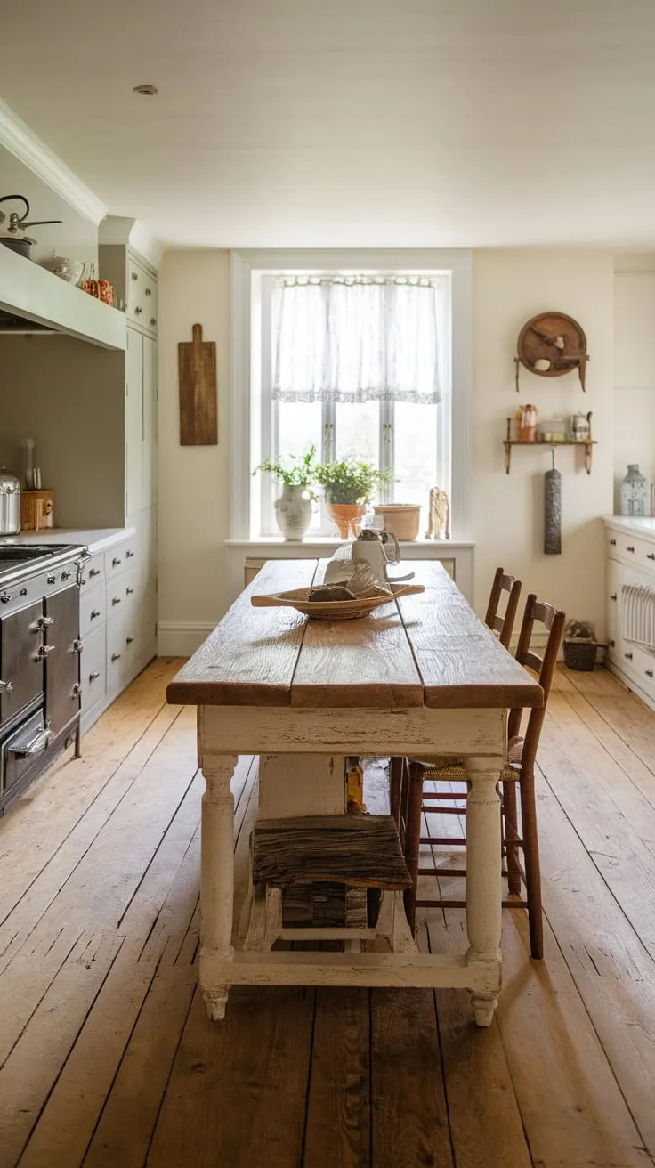 A farmhouse kitchen's centerpiece is a wooden island, complete with chairs, perfectly situated amidst wood floors, cabinets, and a window.