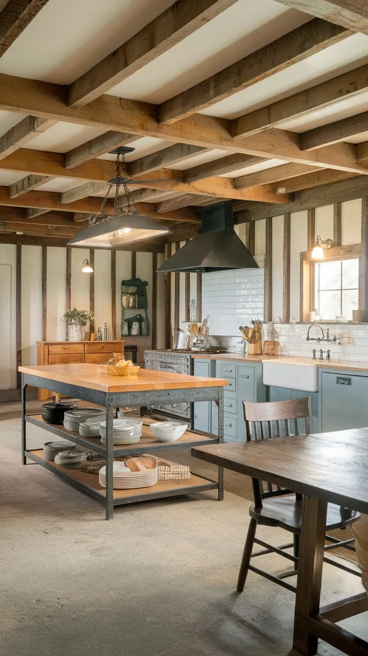 A bright farmhouse kitchen features a metal-framed wooden island, complemented by a concrete floor and exposed wooden beams.