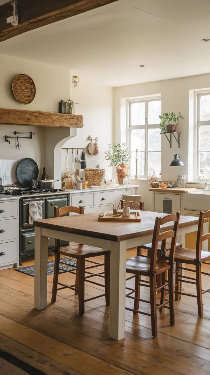 A warm farmhouse kitchen's inviting centerpiece is a large wooden island, perfect for gathering.