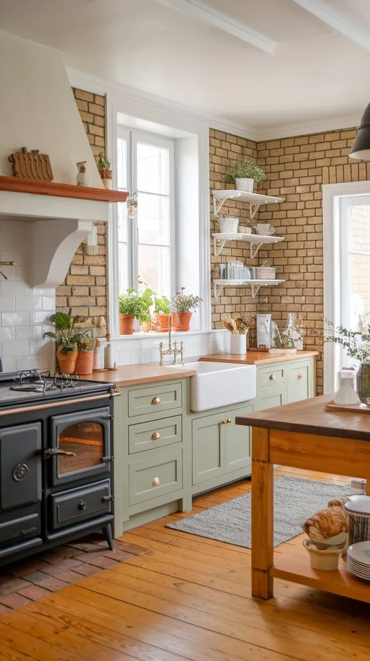 A European-style farmhouse kitchen boasts a wood-floored space with exposed brick, two-toned cabinets, a farmhouse sink, cast iron stove, and central wooden island, complemented by potted plants.