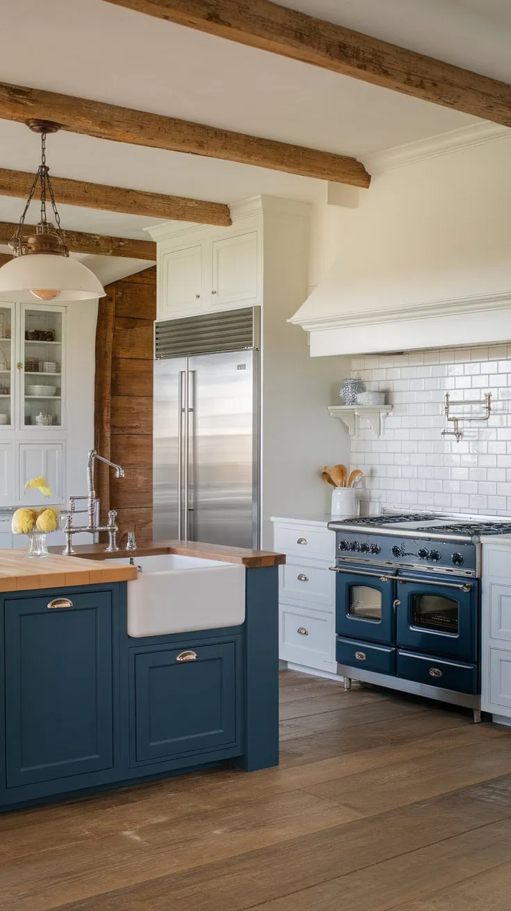 A stunning farmhouse kitchen blends deep navy lower cabinets with crisp white uppers, creating a charming space perfect for both cooking and gathering.