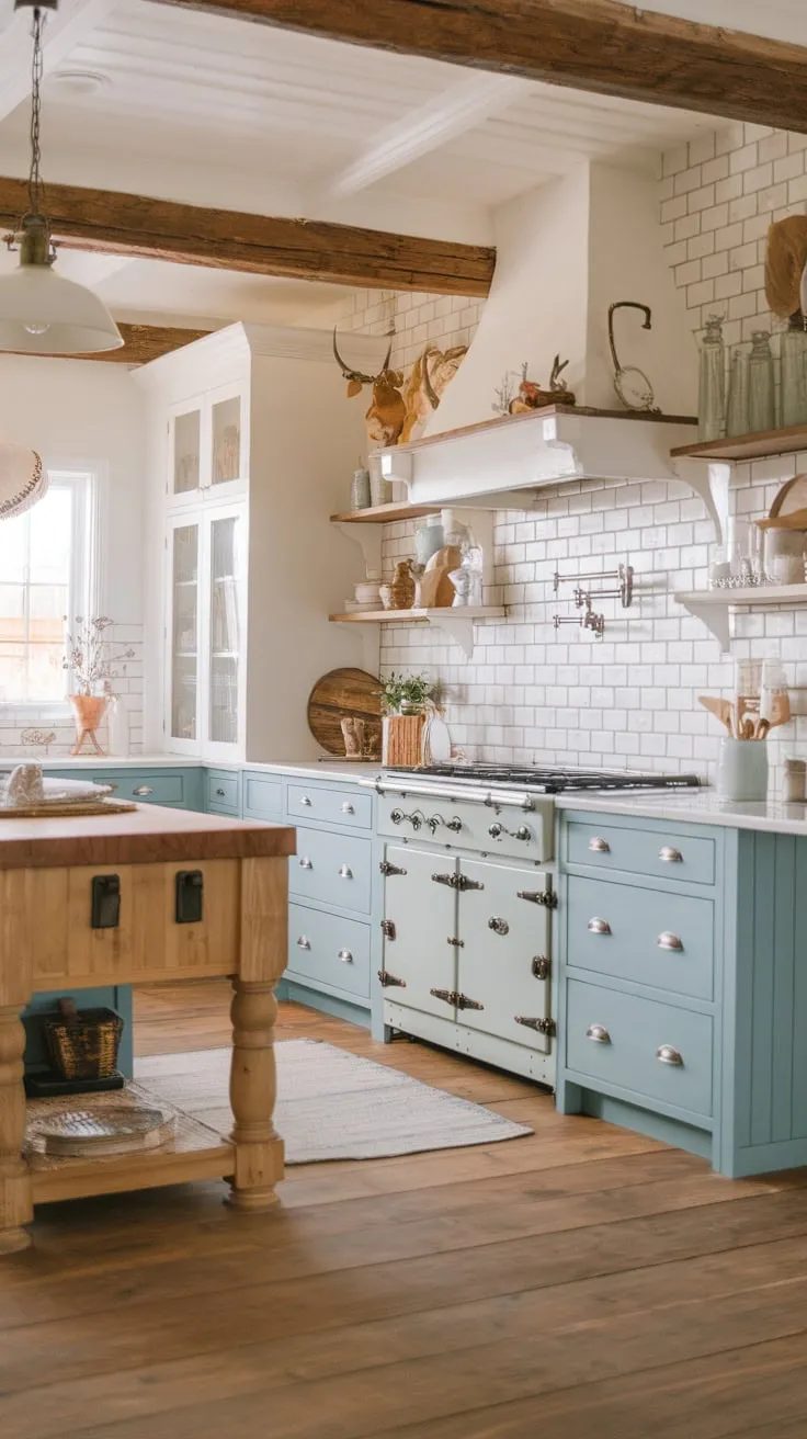A European-inspired farmhouse kitchen blends white and light blue cabinetry with a wooden island and plank flooring for a cozy yet stylish space.
