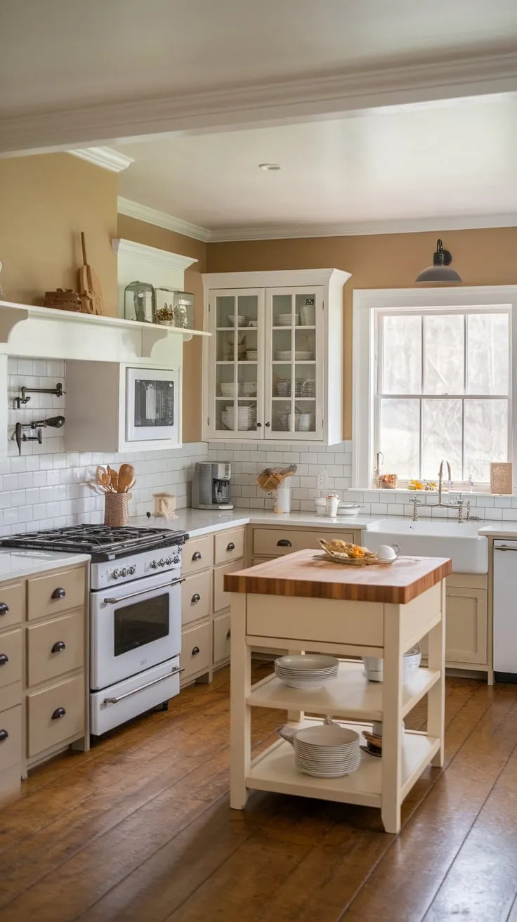 Warm beige walls and a butcher-block island highlight this charming farmhouse kitchen's two-toned cabinetry and wood floors.