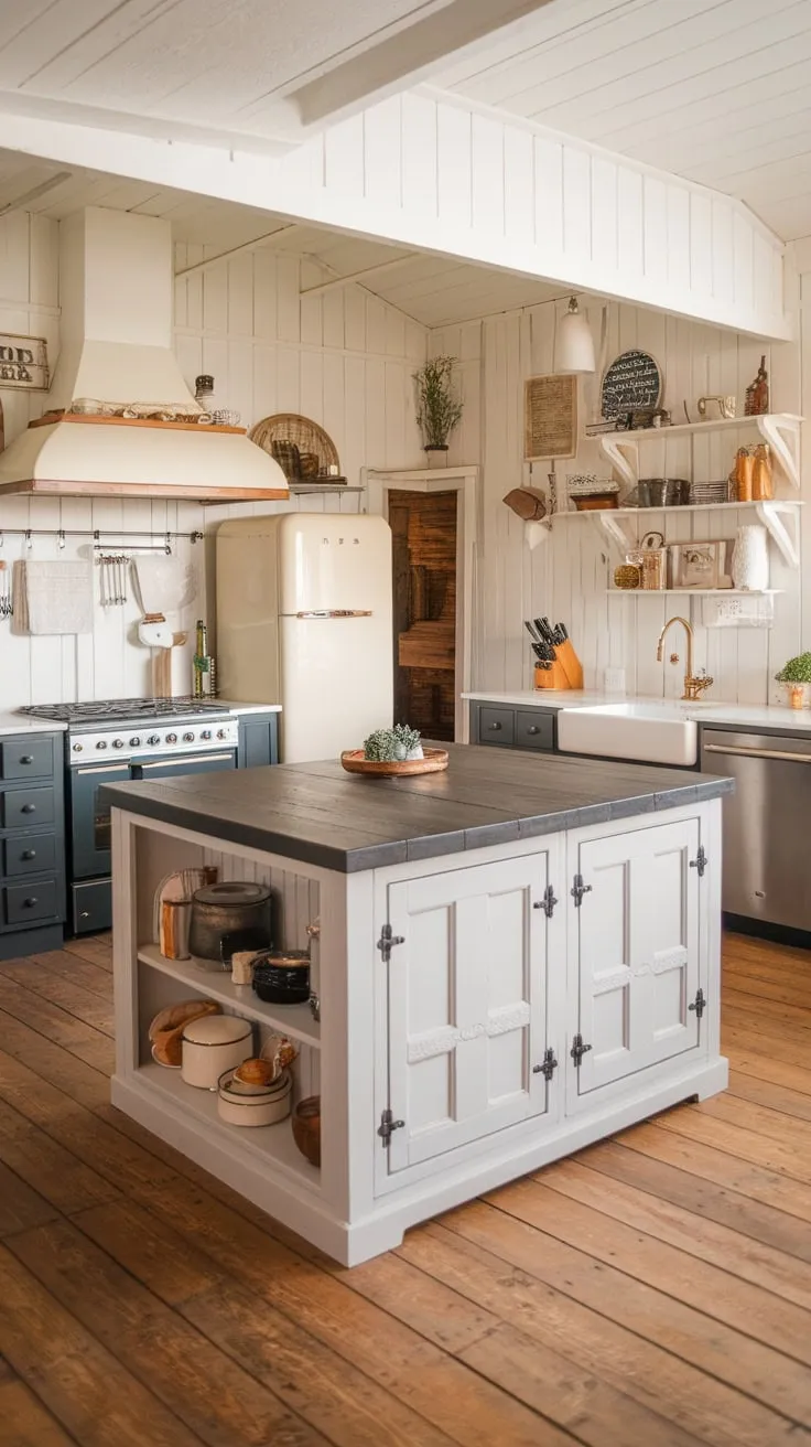 A two-toned farmhouse kitchen, featuring dark gray lower cabinets and white uppers, boasts a large wooden island and blends European cottage with Western design elements.