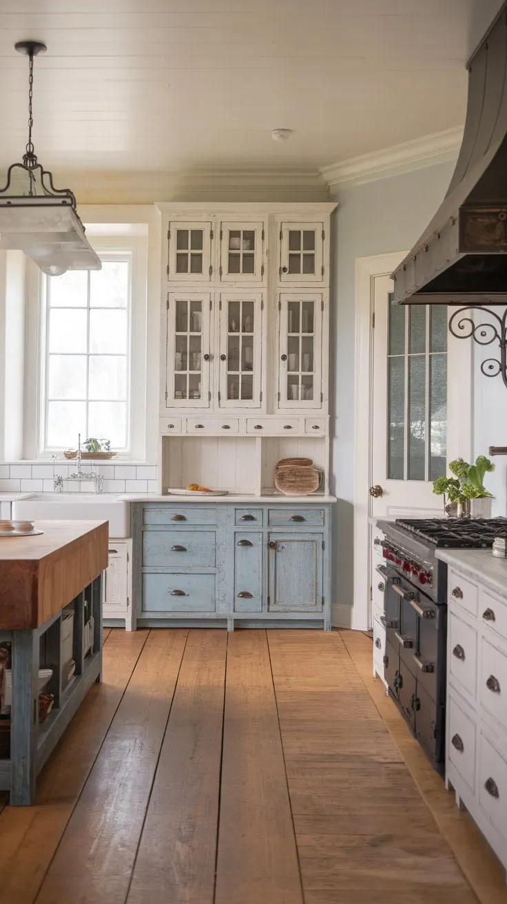 A European cottage-inspired farmhouse kitchen blends distressed blue and white cabinets with western accents and a vintage feel.