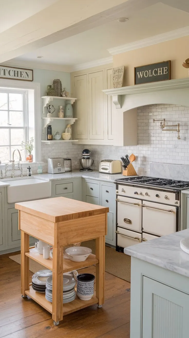 White and light blue cabinets highlight a spacious farmhouse kitchen featuring marble countertops, a gas range, and a wooden island, perfect for country living.
