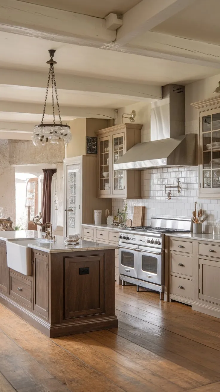 A charming farmhouse kitchen boasts a European cottage style with two-toned cabinetry, a marble-topped island, and warm wood floors.