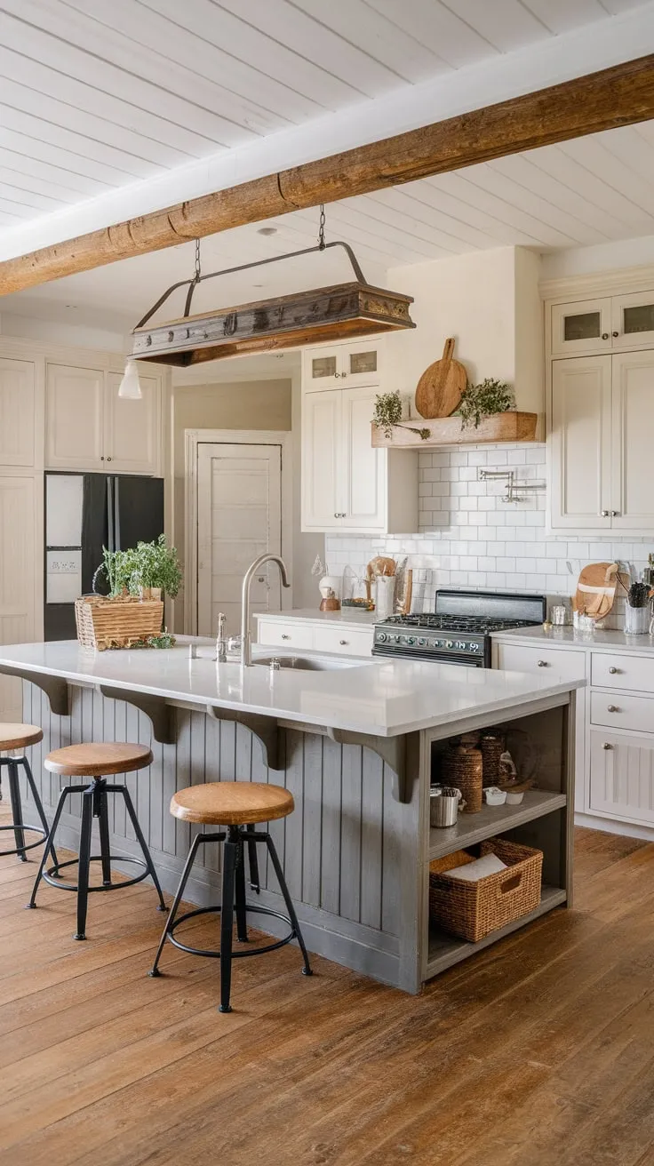 A European-style farmhouse kitchen blends western decor with a two-toned cabinet design and a spacious island, creating a warm and inviting atmosphere.