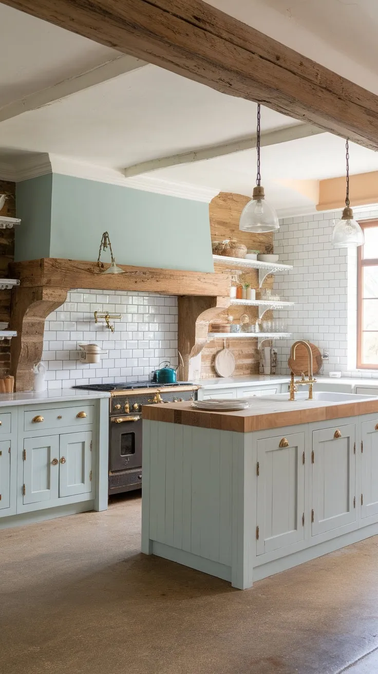 A charming farmhouse kitchen boasts a European cottage design with two-toned cabinetry, a butcher block island, and warm wood accents.