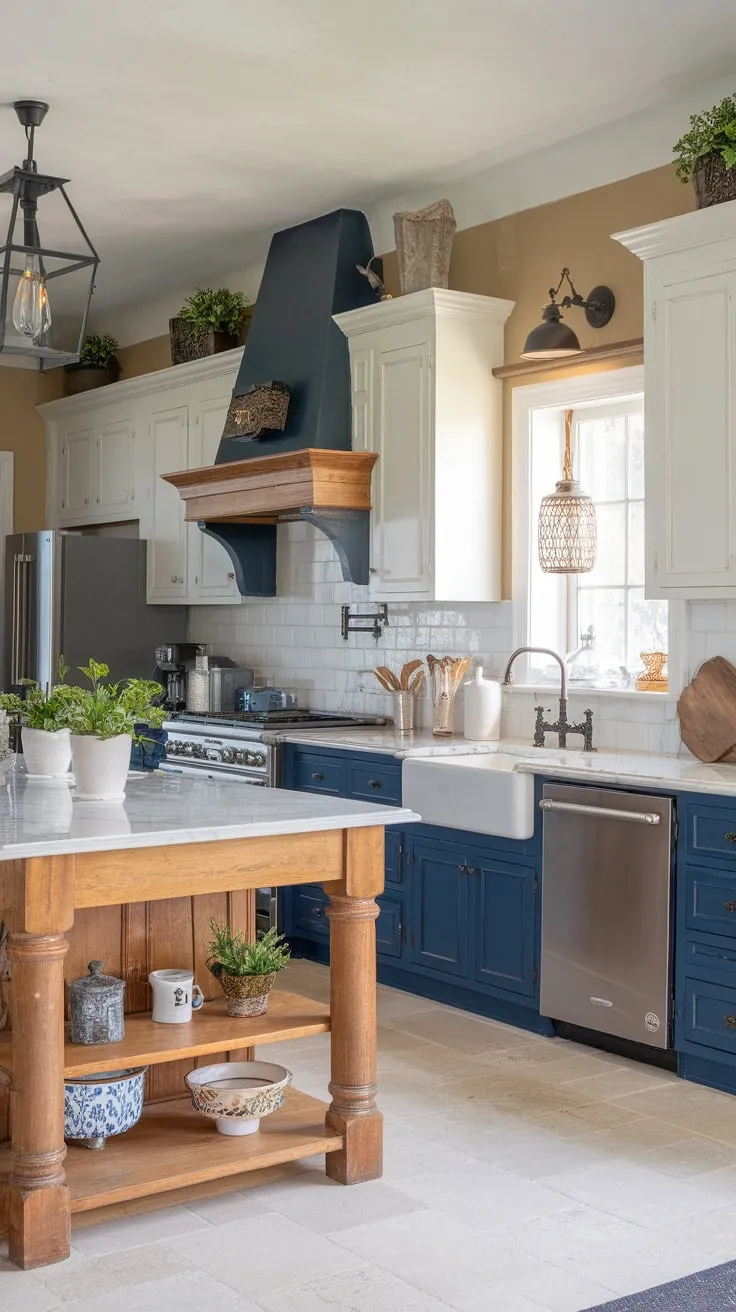A European-style farmhouse kitchen boasts a stunning two-toned design, featuring white upper cabinets and deep blue lowers, anchored by a large marble-topped island.
