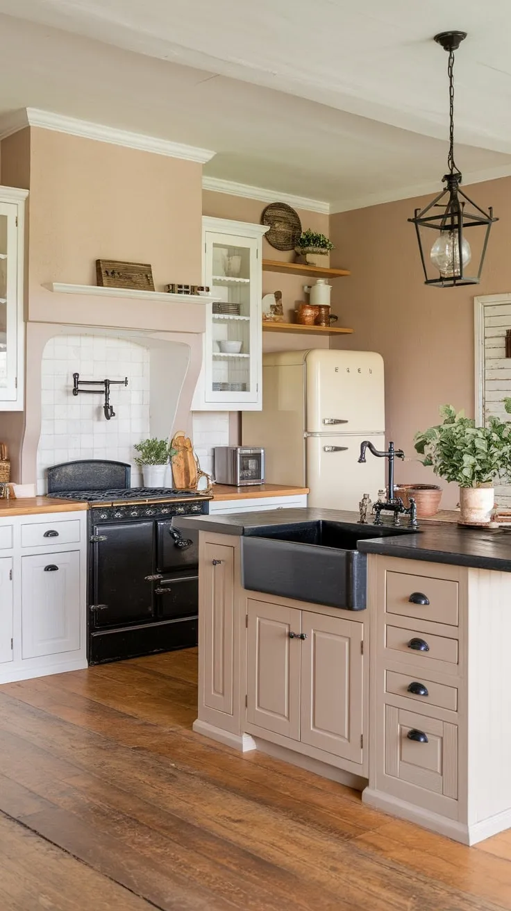 A charming farmhouse kitchen blends European cottage style with western accents, featuring two-toned cabinets, a black-topped island, and warm wood floors.