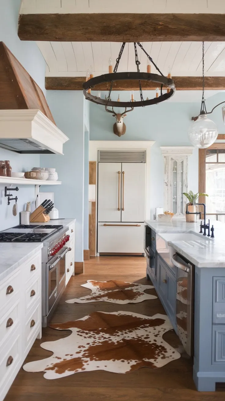 A charming farmhouse kitchen blends European cottage style with Western flair, featuring a blue and white color scheme, wooden beams, a deer head, and high-end Beck Owens appliances.