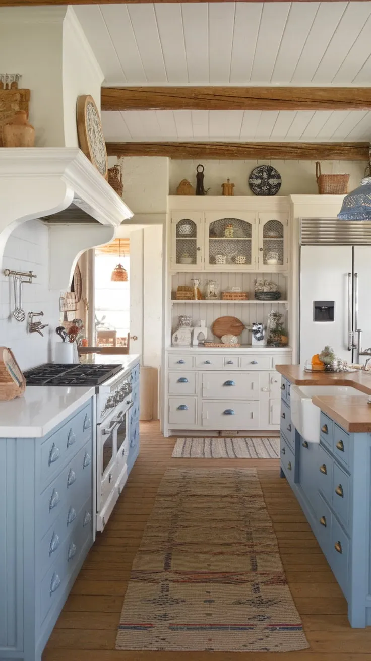 A white and blue farmhouse kitchen showcases a blend of European cottage and western styles, complete with wood floors and charming details.