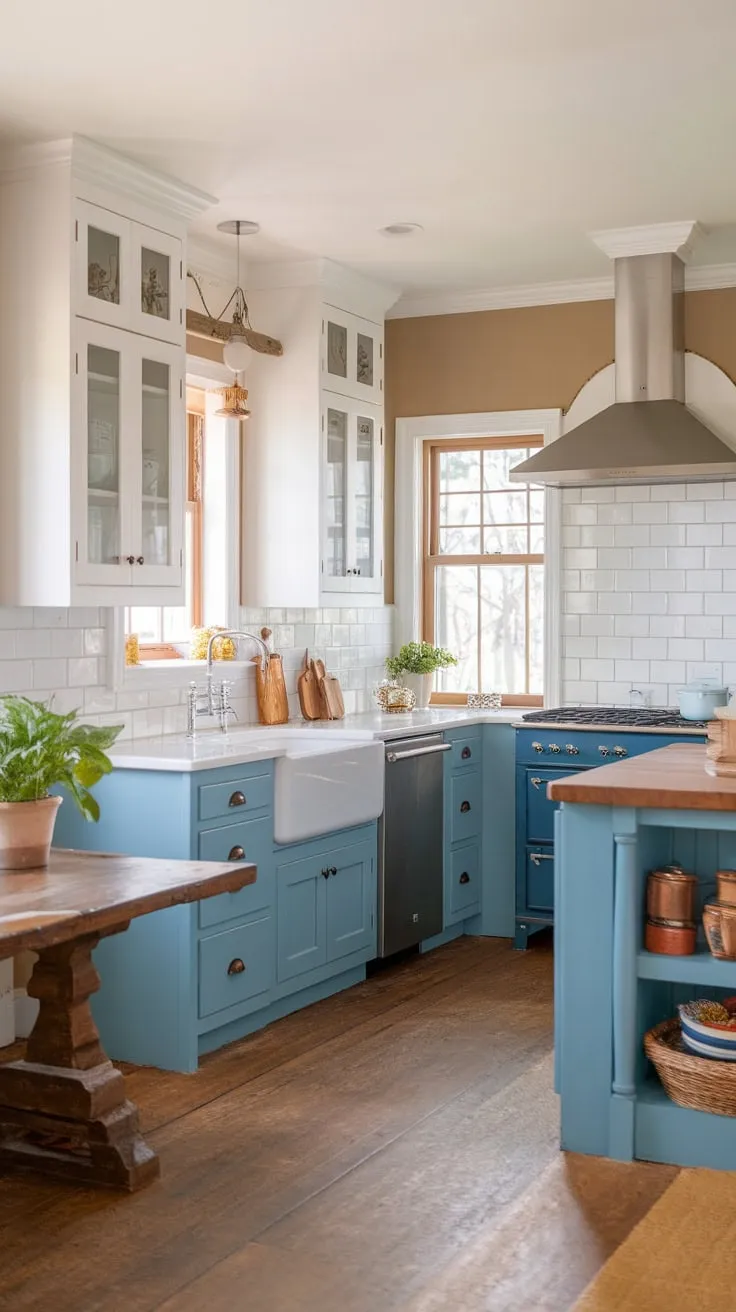 A charming farmhouse kitchen blends white and blue cabinetry, a western touch, and a cottage-style island for a captivating space.