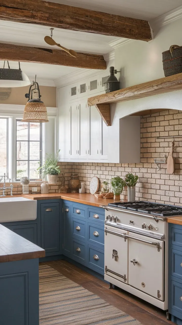 Beck Owens designed a charming farmhouse kitchen featuring two-toned cabinets, a brick wall, and western-inspired accents.
