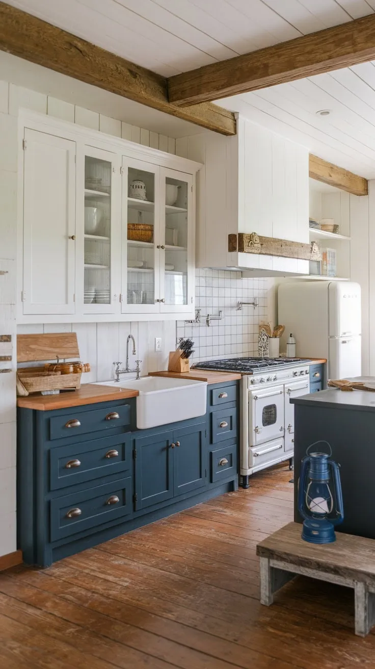 A wood-floored farmhouse kitchen boasts a striking contrast of dark blue and white cabinets, highlighted by exposed beams and antique accents.