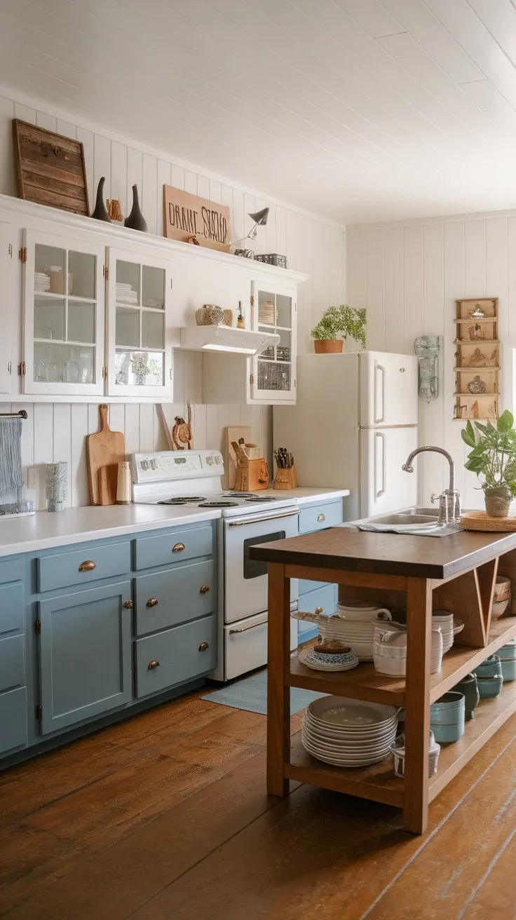 A charming farmhouse kitchen blends European cottage style with western accents, showcasing two-toned cabinets and a functional wooden island.