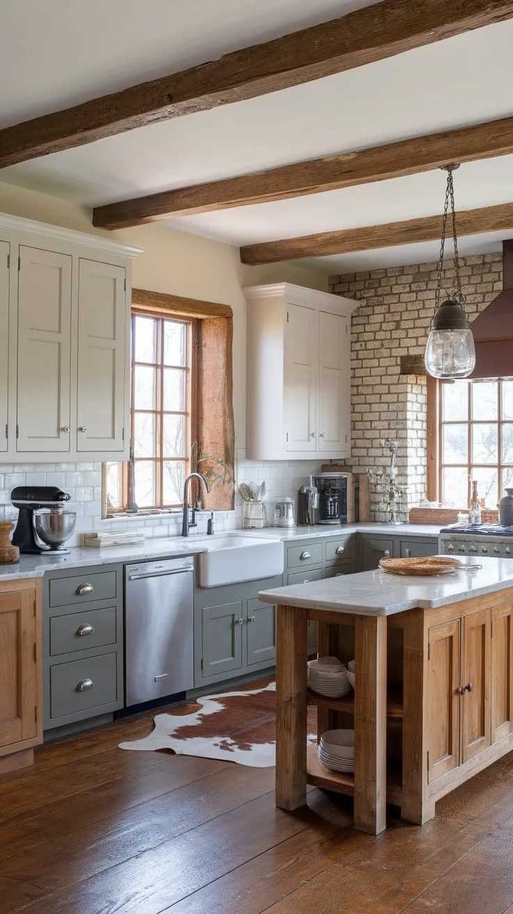 Beck Owens designed a charming farmhouse kitchen featuring two-toned cabinetry, a marble-topped island, exposed beams, and western accents.