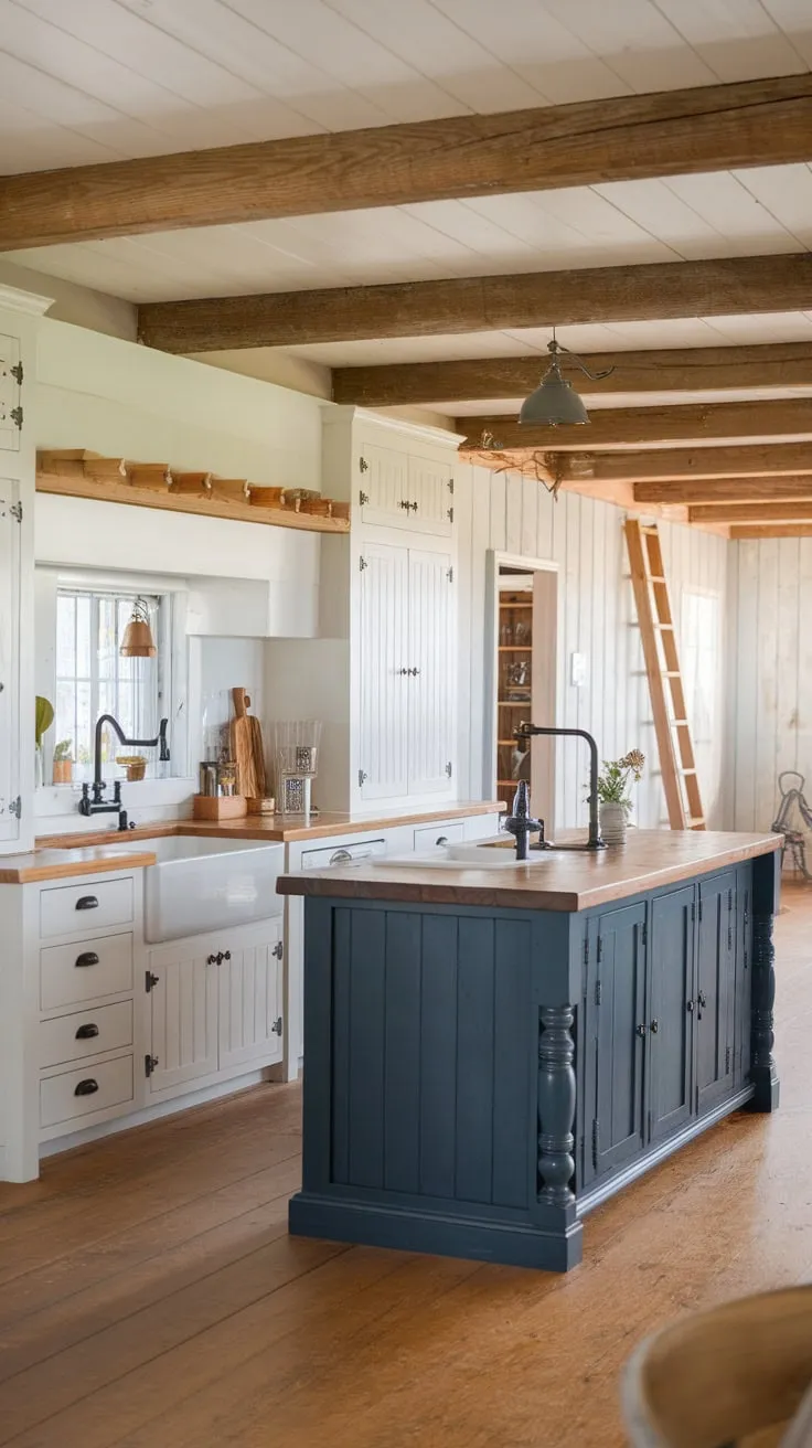 A warm farmhouse kitchen boasts a two-toned design with white and dark blue cabinets, a large wooden island, and wood flooring, creating an inviting atmosphere.