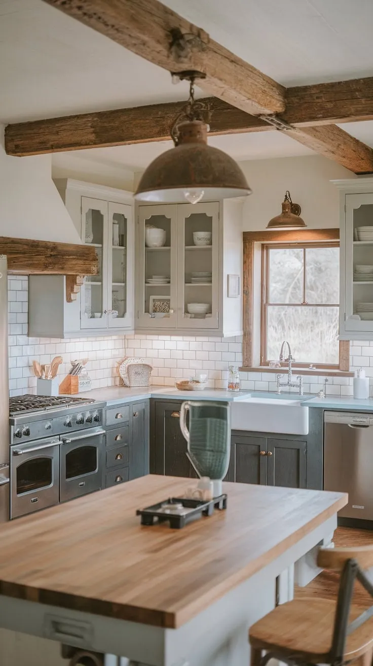 A charming farmhouse kitchen boasts a European cottage design, featuring two-toned cabinetry, a butcher block countertop, and a view of nature.