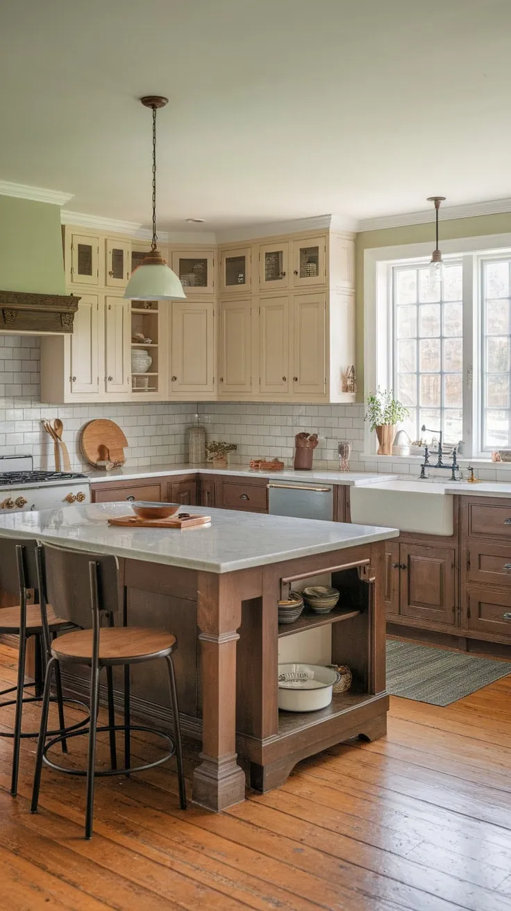 A charming farmhouse kitchen boasts a European cottage feel with two-toned cabinets, a marble island, and abundant natural light.