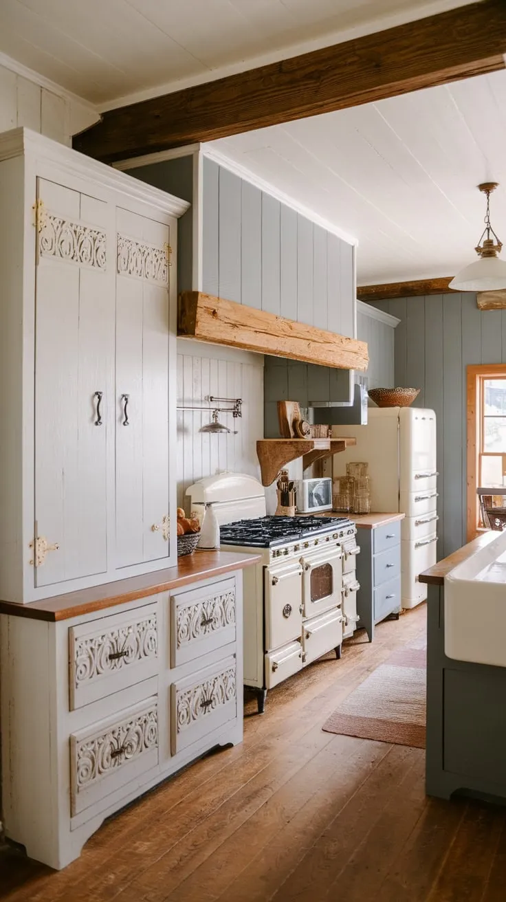 A vintage-inspired farmhouse kitchen boasts a two-toned white and gray design, detailed cabinetry, wooden accents, and western decor.