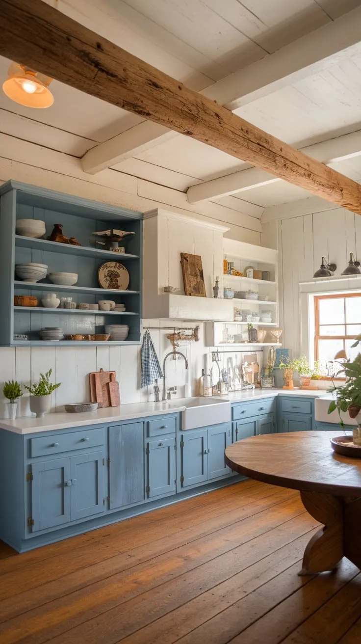 Warm lighting illuminates a charming farmhouse kitchen featuring blue and white cabinetry, exposed beams, and a vintage western feel.