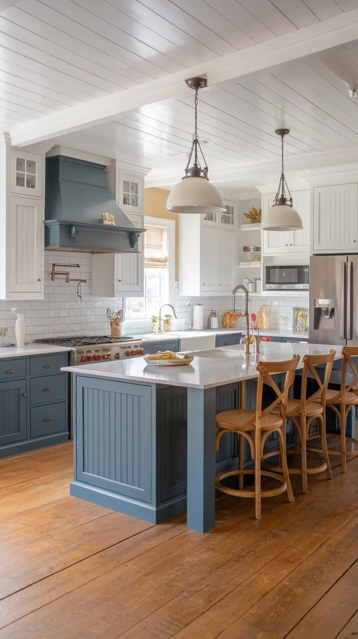 White upper cabinets and dark blue lower cabinets create a stunning contrast in this European-style farmhouse kitchen featuring a large central island.