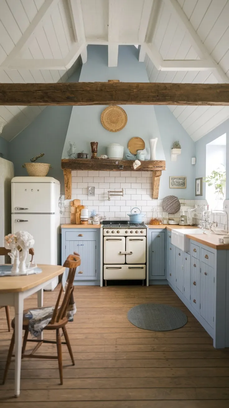 A charming farmhouse kitchen blends blue and white hues, European cottage style, and Beck Owens furniture for a warm, inviting space.