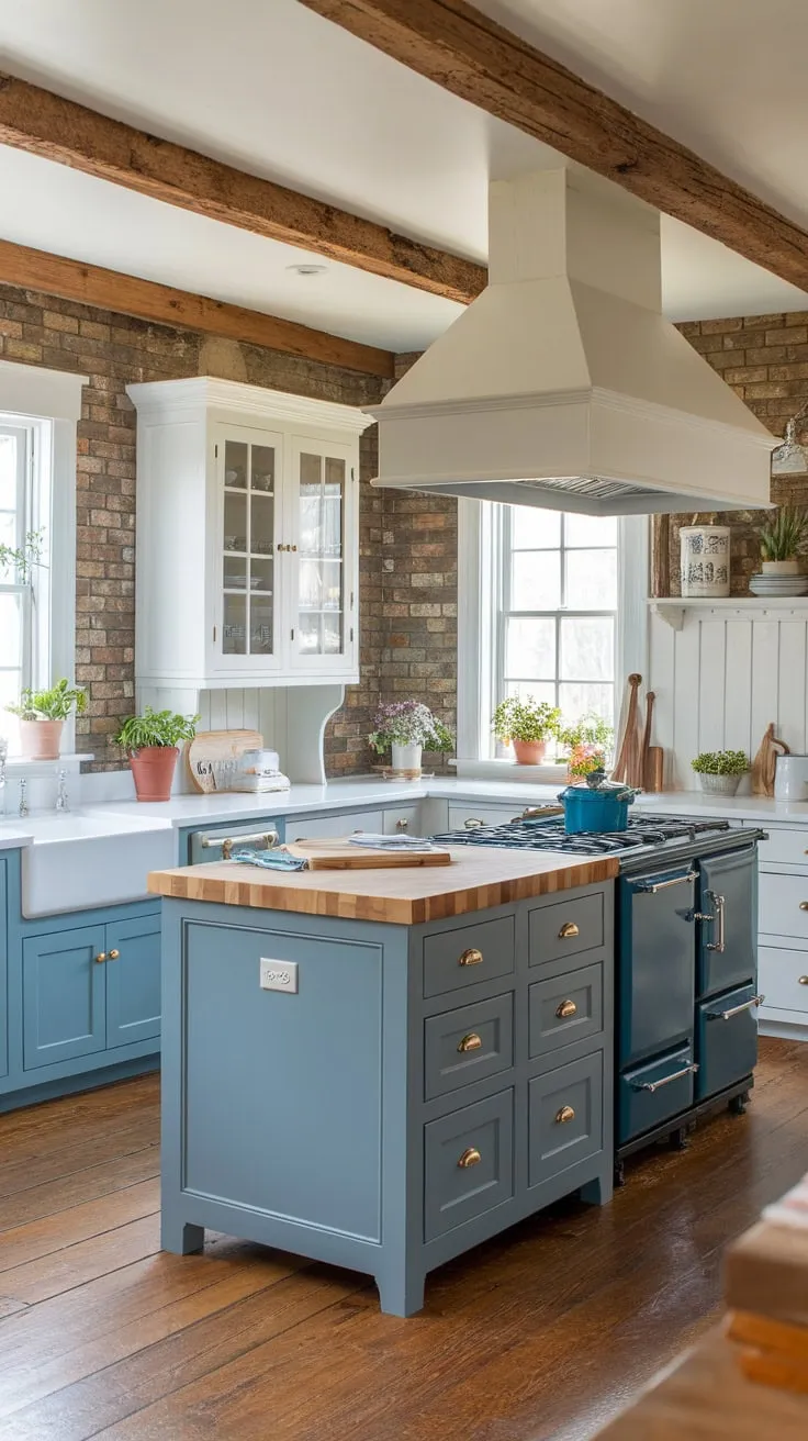 A farmhouse kitchen's two-toned blue and white cabinets, butcher block island, and exposed brick create a captivating space.