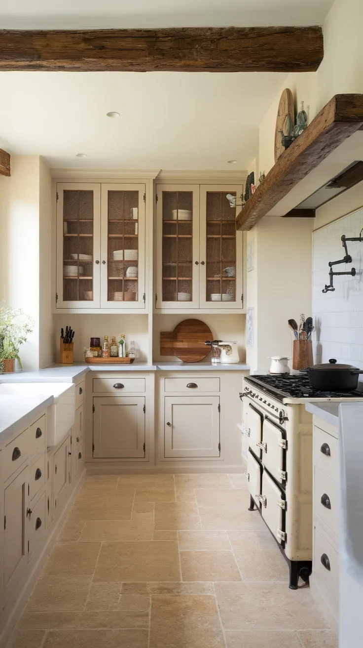 Beige and white cabinets, a vintage range, and a wooden beam create a charming European farmhouse kitchen.