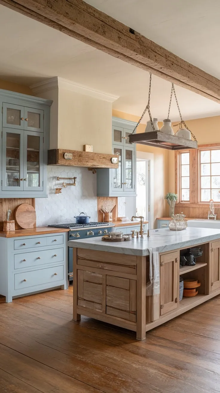 A European-inspired farmhouse kitchen boasts a stunning blend of light blue and white cabinetry, a spacious marble island, and warm wood accents.