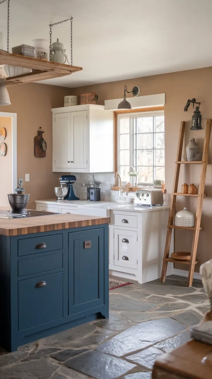A charming farmhouse kitchen boasts two-toned cabinets, a butcher block island, and western-inspired accents.