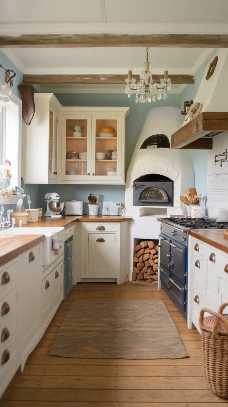 A charming European-style farmhouse kitchen boasts a wood-fired oven, farmhouse sink, and western décor, creating a warm and inviting space.