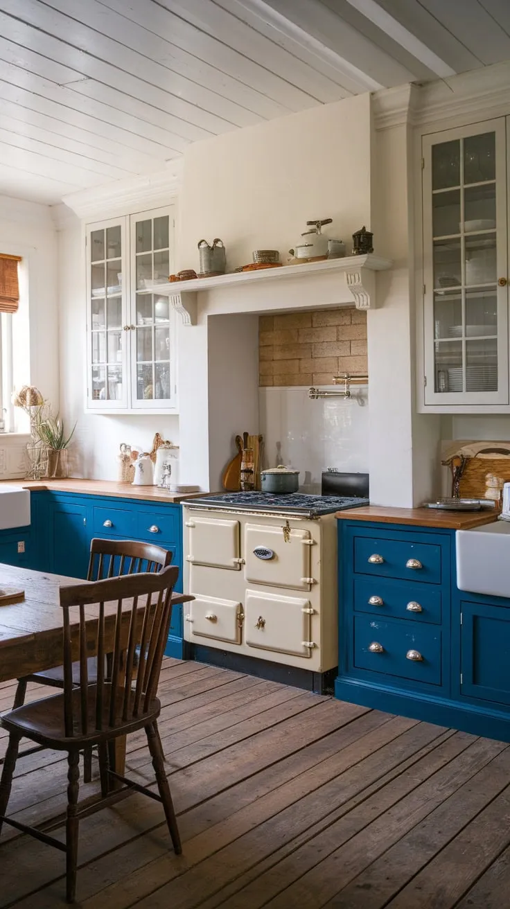 A charming farmhouse kitchen boasts a two-toned blue and white cabinetry design, a vintage stove, and a wooden table, creating a warm western atmosphere.