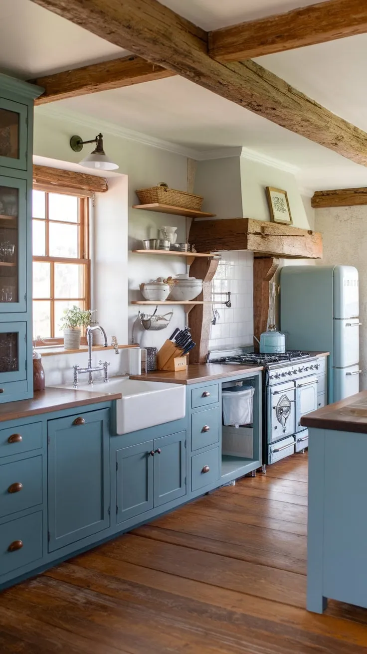 A charming farmhouse kitchen blends European cottage style with Western accents, featuring two-toned blue cabinets and wood flooring under exposed beams.