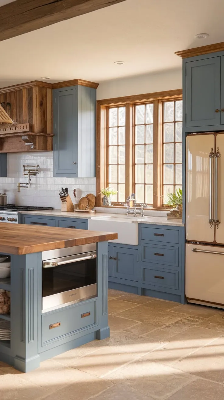 A sunlit farmhouse kitchen boasts a two-toned blue cabinetry scheme, a substantial wood-topped island with built-in appliances, and western-inspired wooden accents.