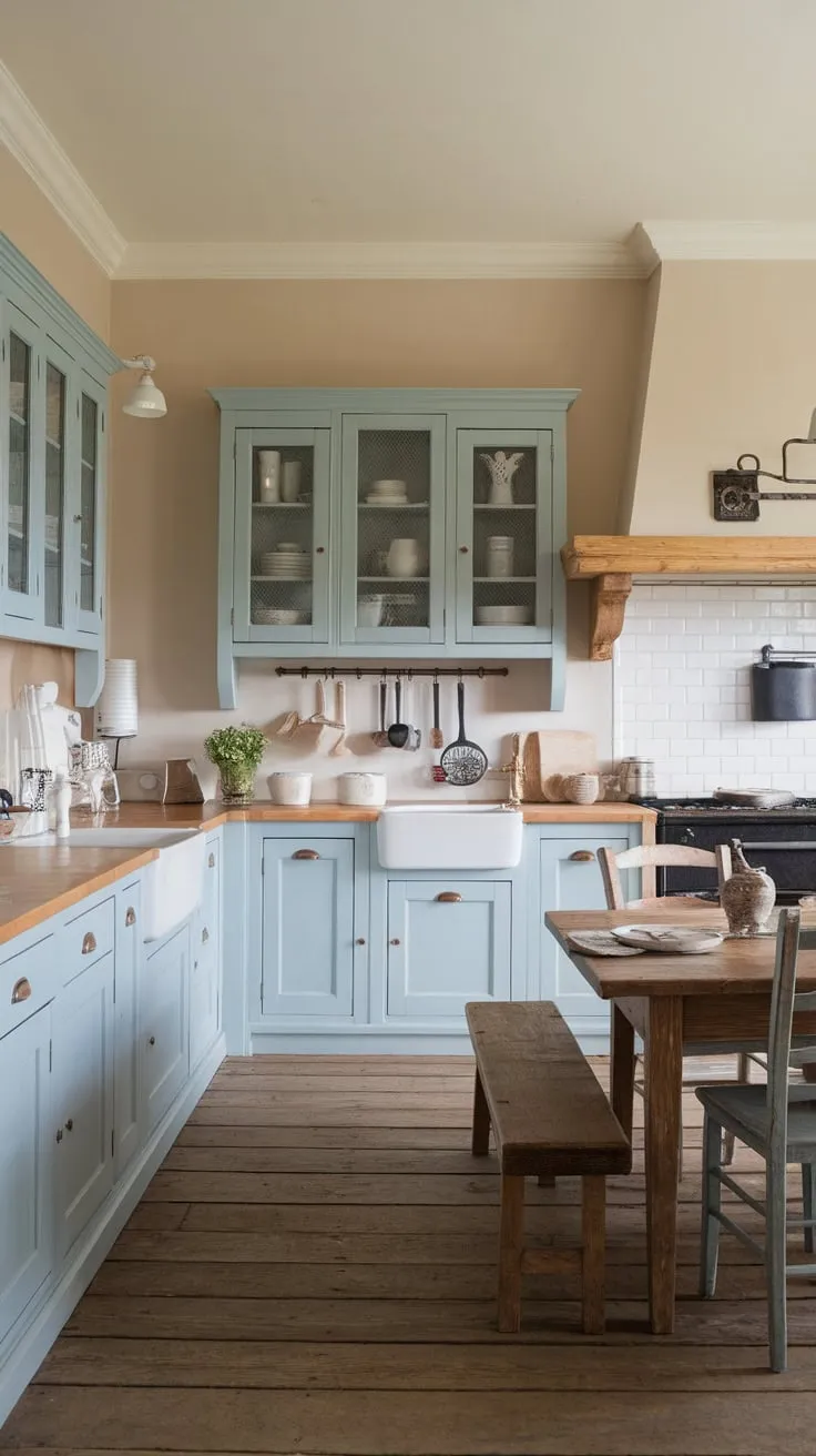 A vintage oven, cast iron pot rack, and wooden table complete the idyllic farmhouse kitchen's charming European cottage design.