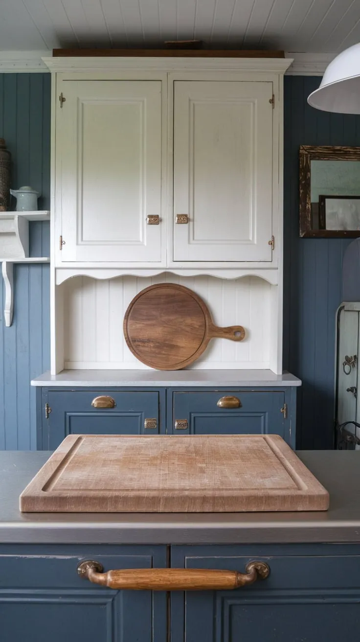 A charming farmhouse kitchen boasts two-toned cabinets, a large wooden cutting board, and a delightful blend of blue and white accents.