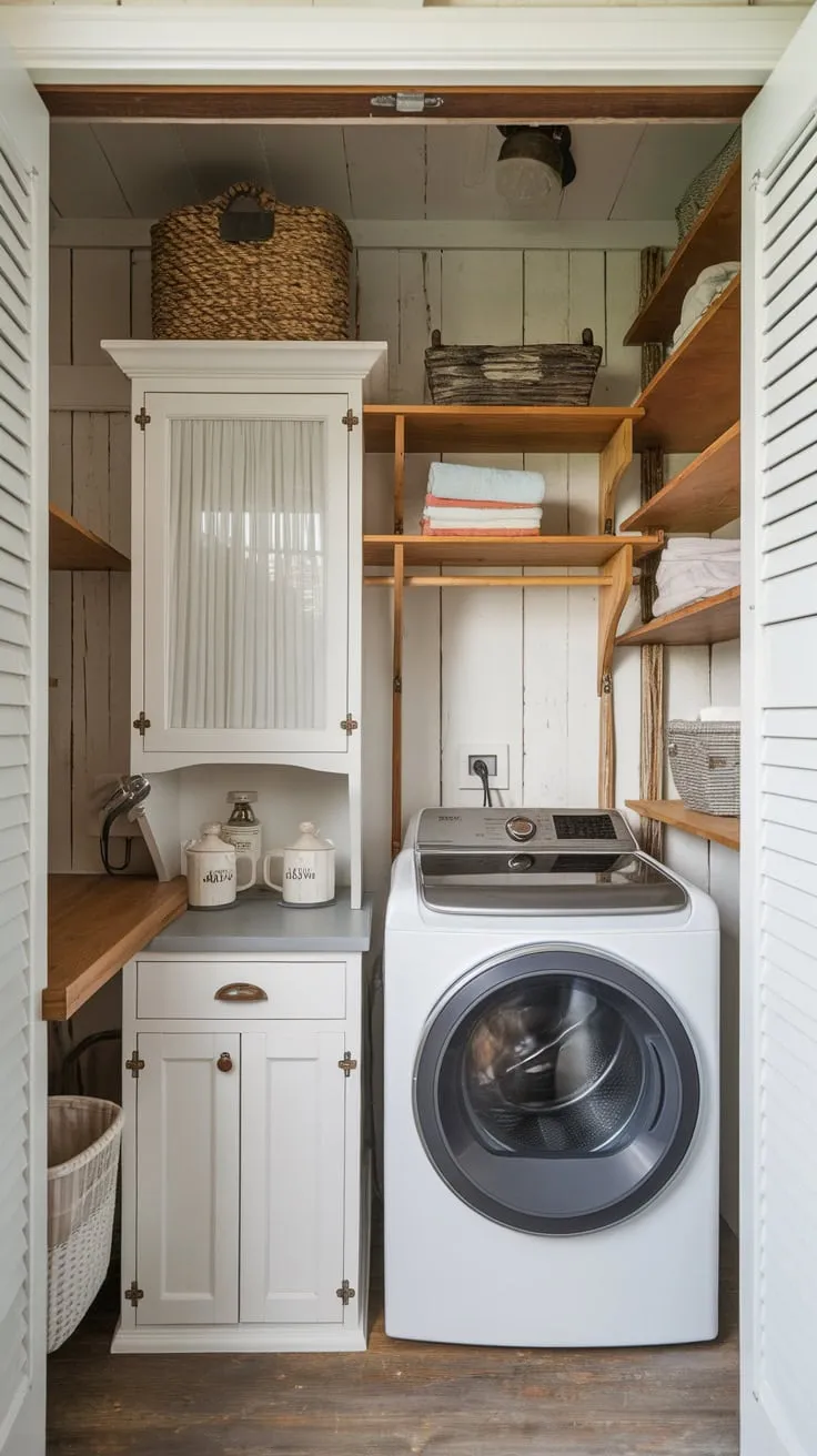 A charming small farmhouse laundry room boasts white cabinets, wood shelving, and efficient space-saving design.