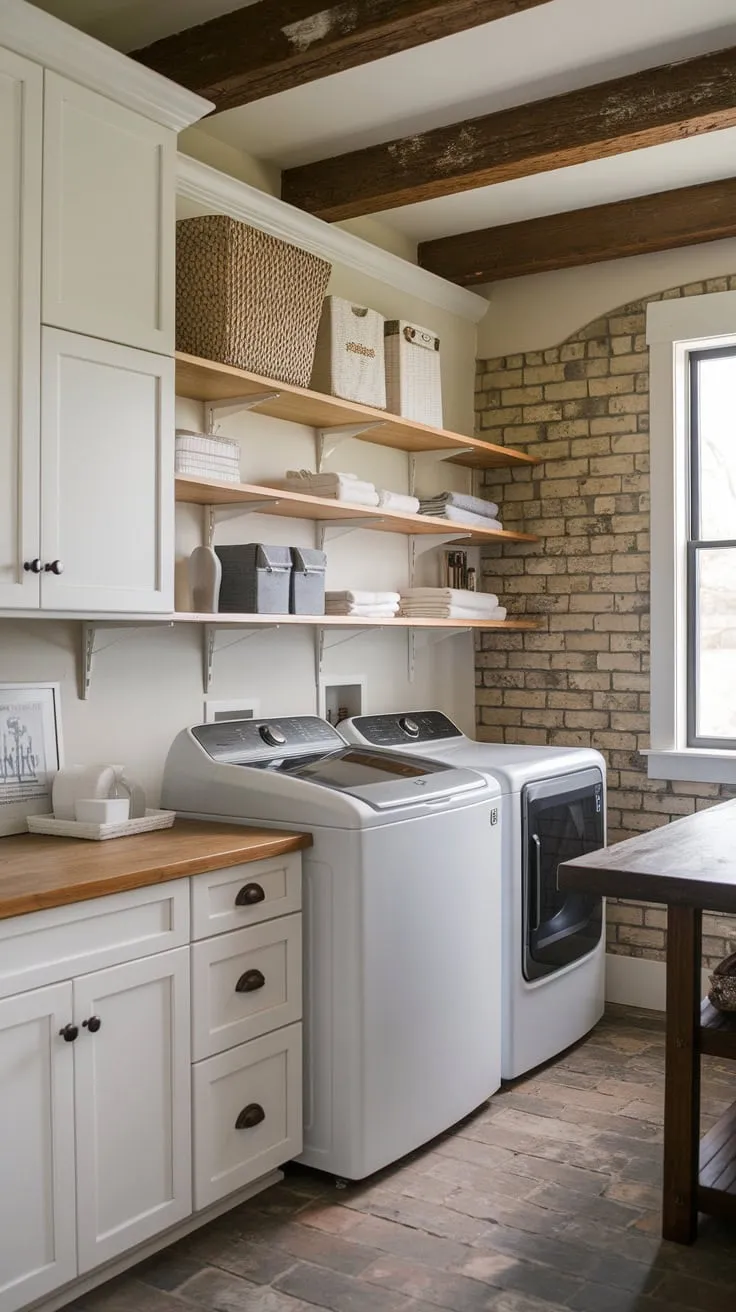 A farmhouse laundry room boasts white cabinets, wood shelving, exposed beams, and a brick wall, creating a functional and inviting space.