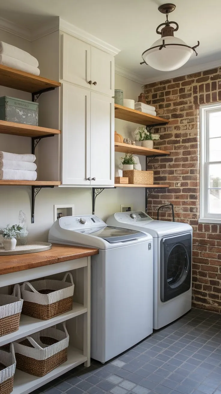 A vintage-inspired laundry room boasts white cabinets, wood shelving, and a top-loading washer and dryer, creating a space that's both practical and aesthetically pleasing.