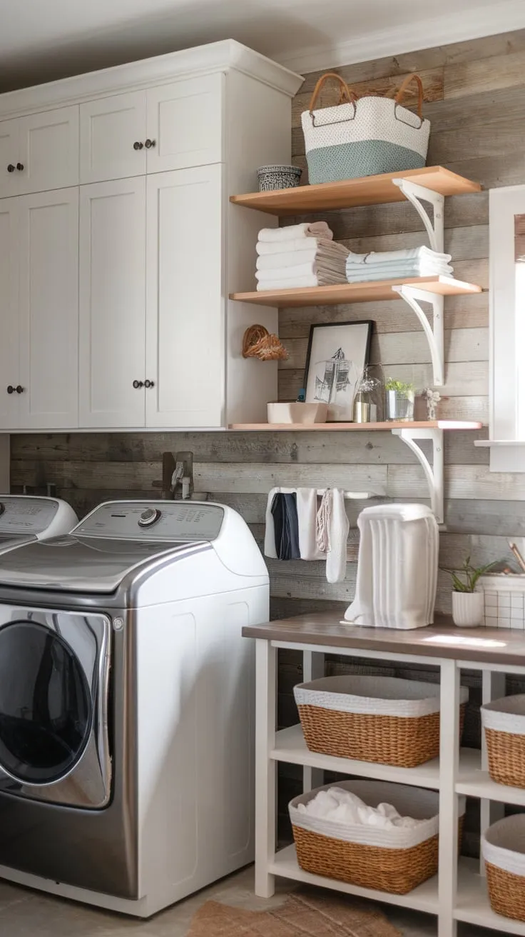 A farmhouse laundry room boasts white cabinets, wood shelving, and a folding table amidst wood-plank walls, housing a washer and dryer.