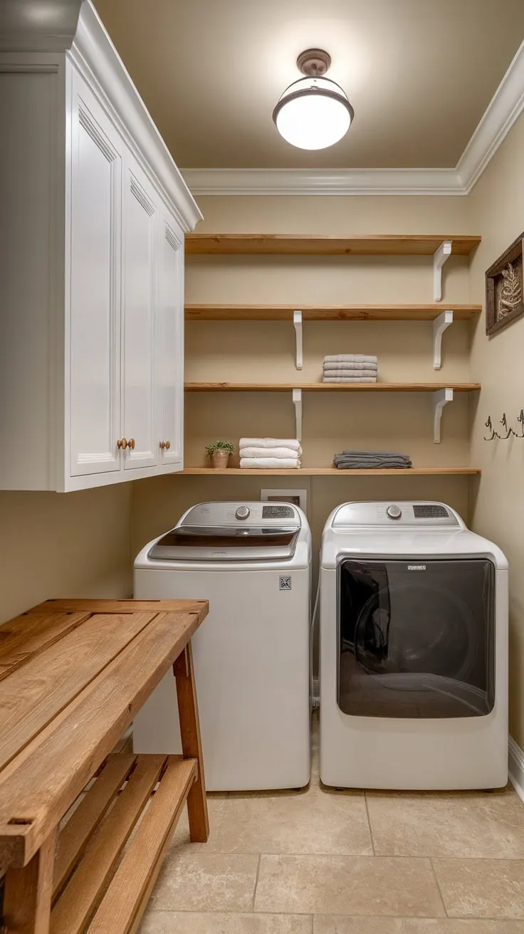 A cozy farmhouse laundry room maximizes small space with white cabinets, wood accents, and practical storage.